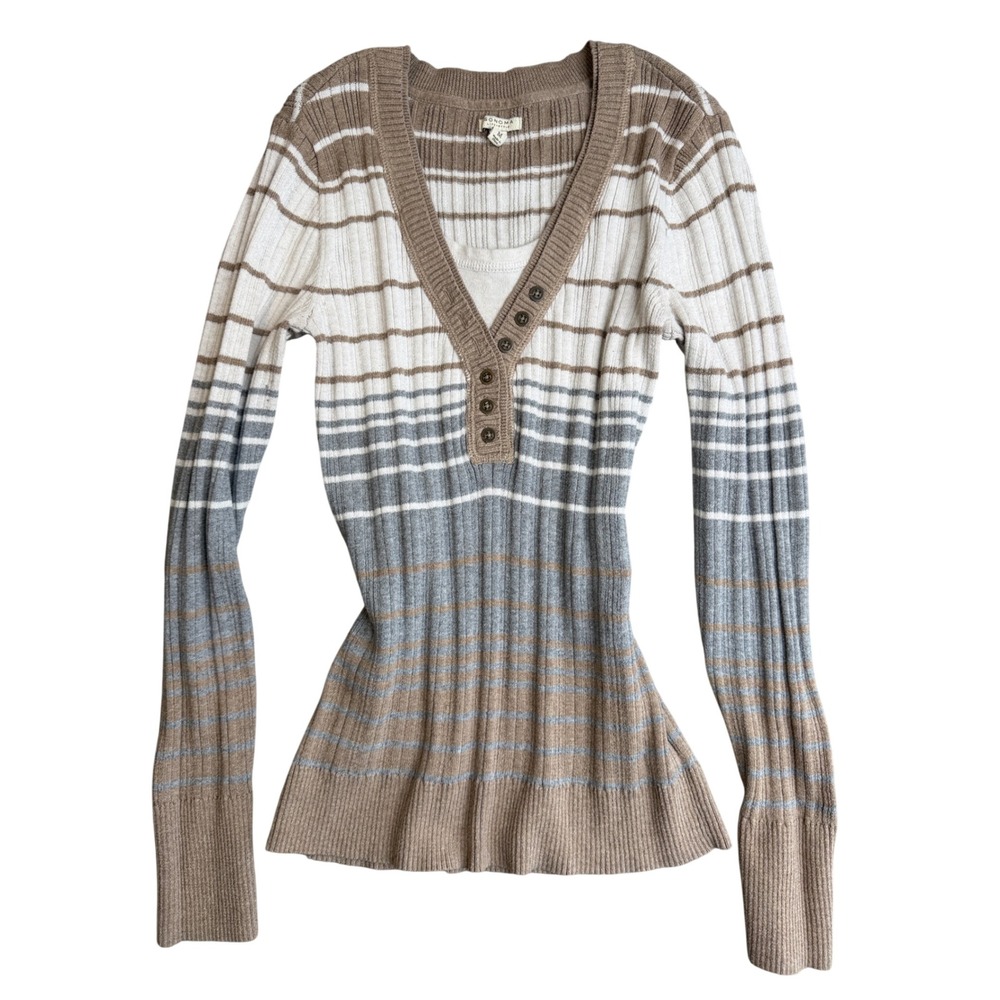 Vintage Y2K Striped Henley Sweater Top M Brown Ribbed Knit Earthy Bella Swan
